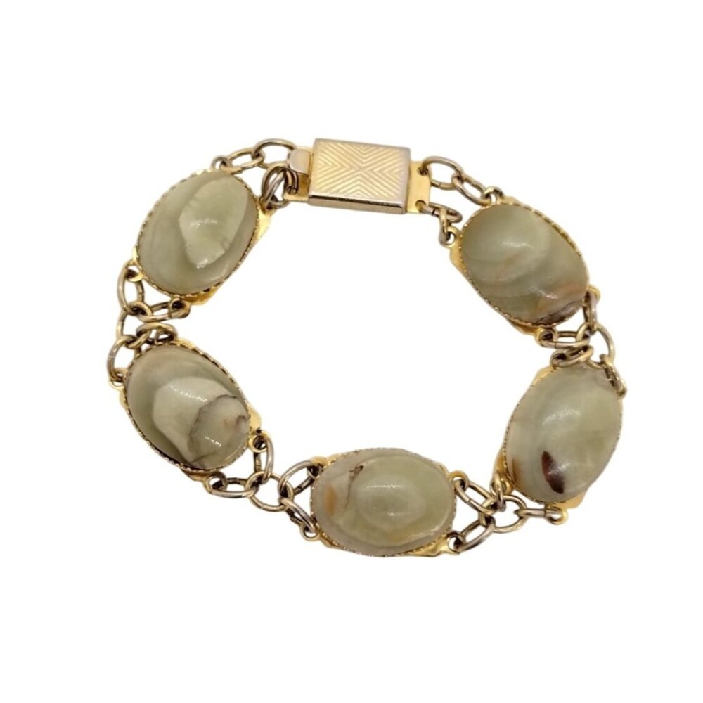 Vintage Gold Tone Chain Link Bracelet With Oval Agate Green Stone Cabochons